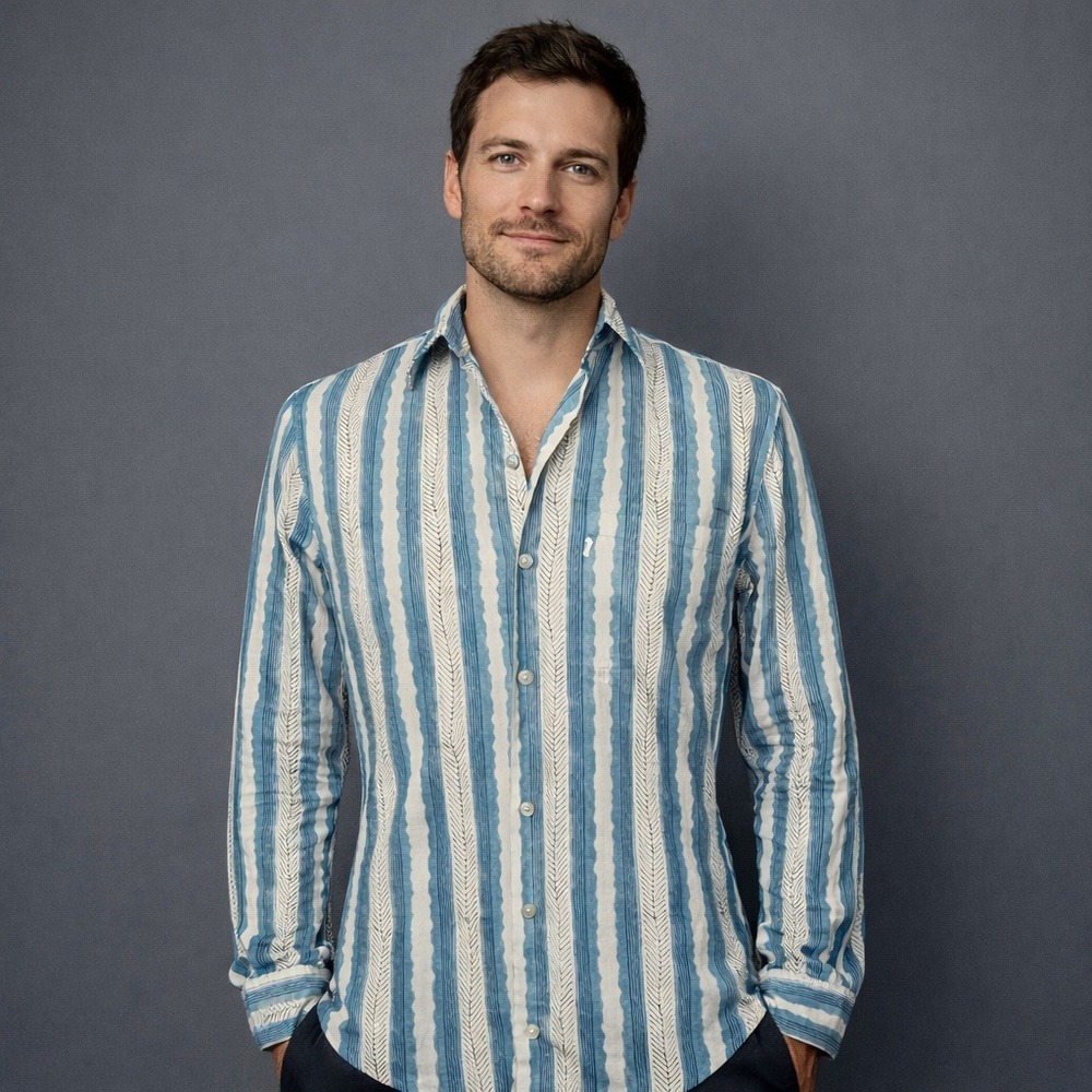 Anokhi Striped Button Down Shirt | XS Unisex | Bohemian Cotton Tribal Print